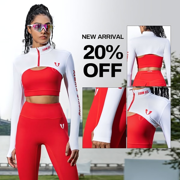 A square format creative featuring a model in a red and white activewear set, showcasing the product from the front, back, and side with a 20% off offer.